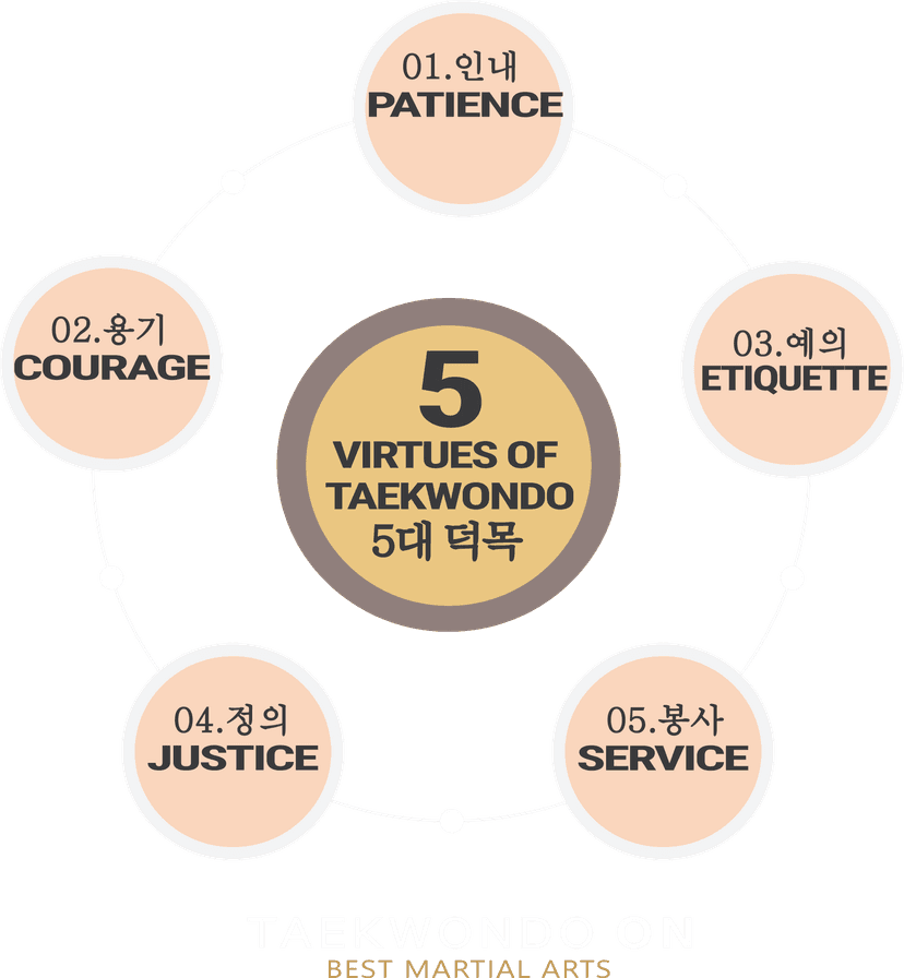 Five Virtues of Taekwondo: Courtesy, Integrity, Perseverance, Self-Control, and Indomitable Spirit